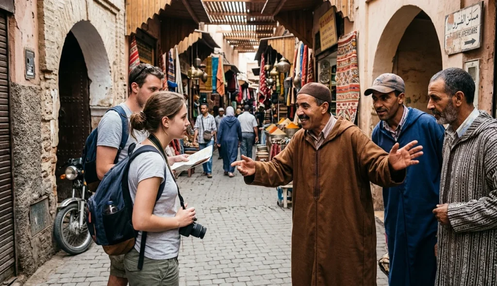 Local guide in a brown djellaba helps tourists with a map in a busy alleyway.