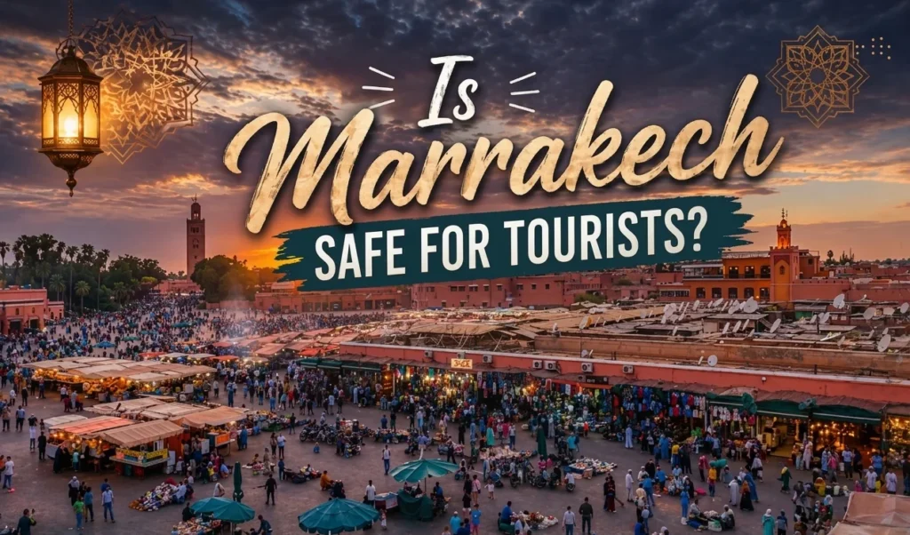 A crowded market square in Marrakech at sunset with a glowing mosque backdrop.