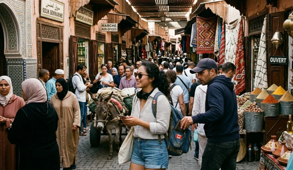 A woman walks through a crowded market street next to a wooden donkey cart.