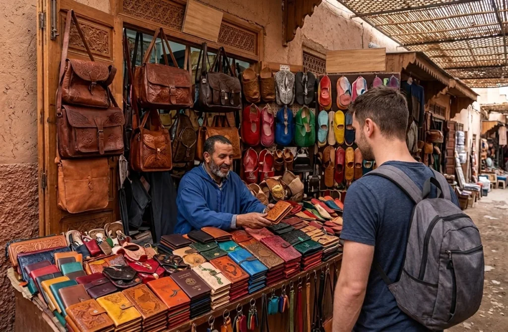 A leather merchant shows a handmade wallet to a traveler in a colorful shop.