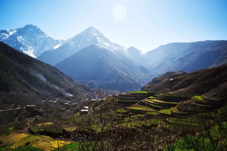 Snow-capped rugged mountain peaks towering over a deep, rocky green valley.
