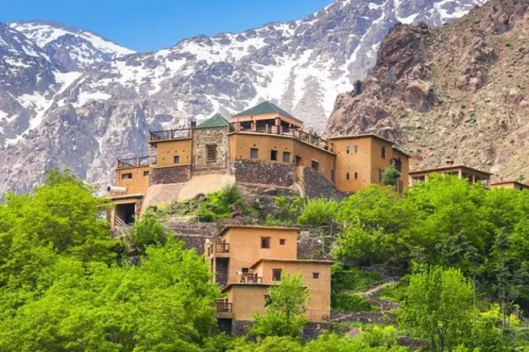 Earthen houses built into the side of a steep hill overlooking a valley.
