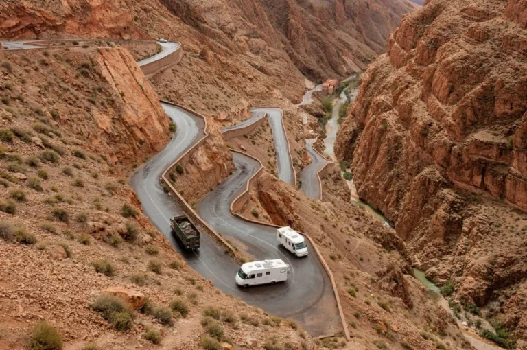 A winding mountain highway twisting through steep, dramatic desert ridges.