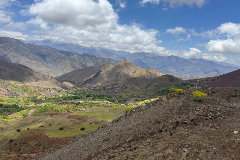 A beautiful landscape view of the Imlil valley with majestic mountain ranges.