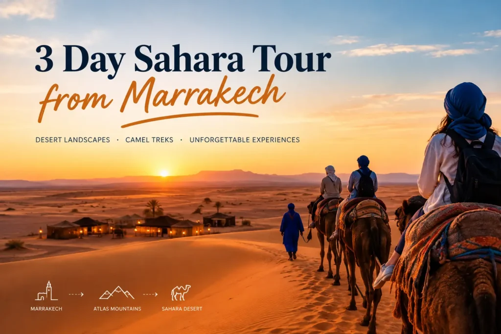 Travelers riding camels across desert sand dunes towards a tent camp at sunset