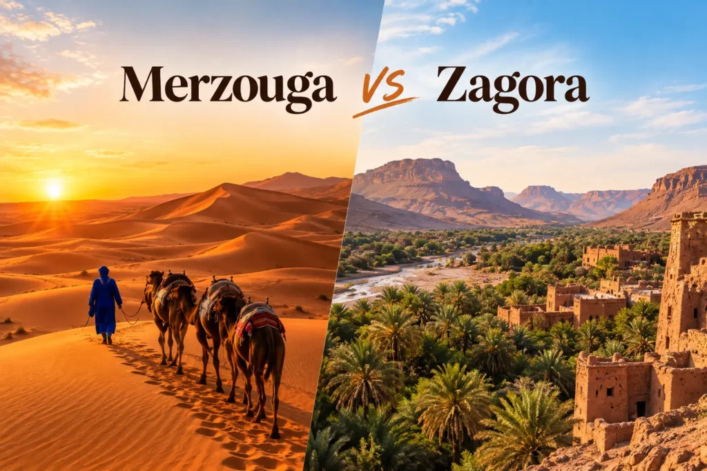 Split image showing Merzouga desert dunes and an oasis town in Zagora
