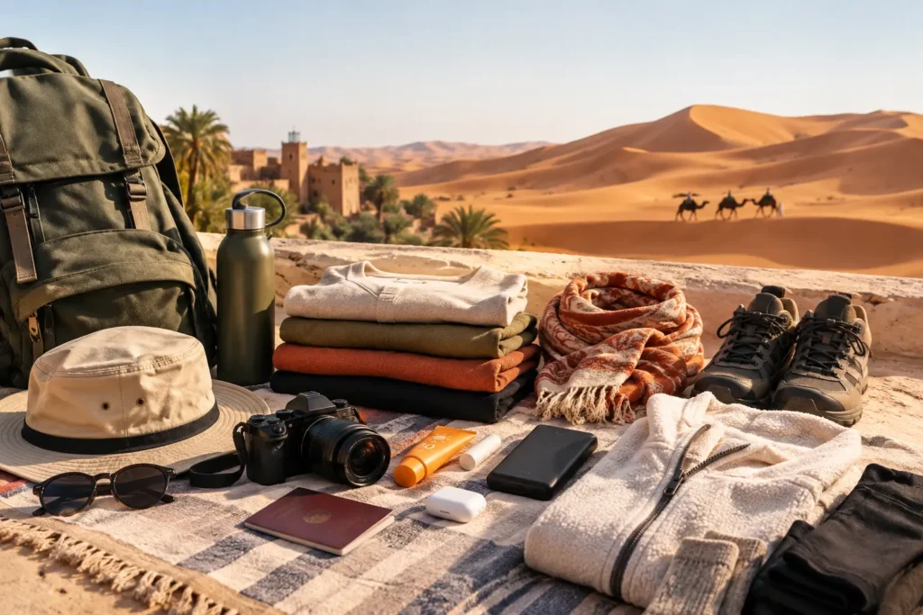 Essential desert travel gear arranged neatly on a rug overlooking sand dunes.