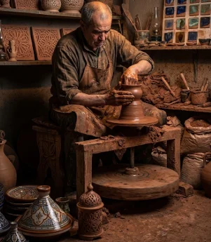 An elderly Moroccan craftsman shapes clay on a potter's wheel in his workshop.