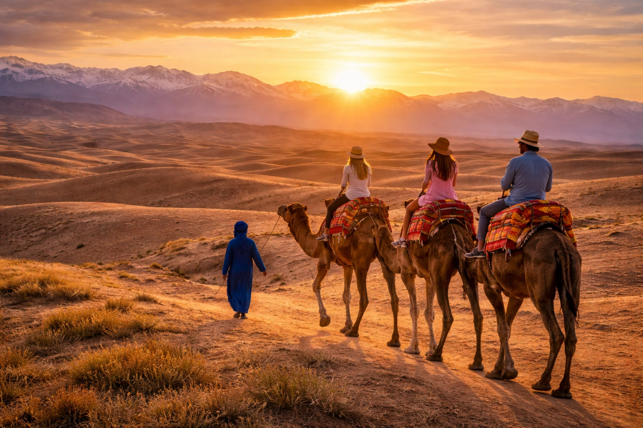 Camel ride at sunset through Agafay Desert with Atlas backdrop