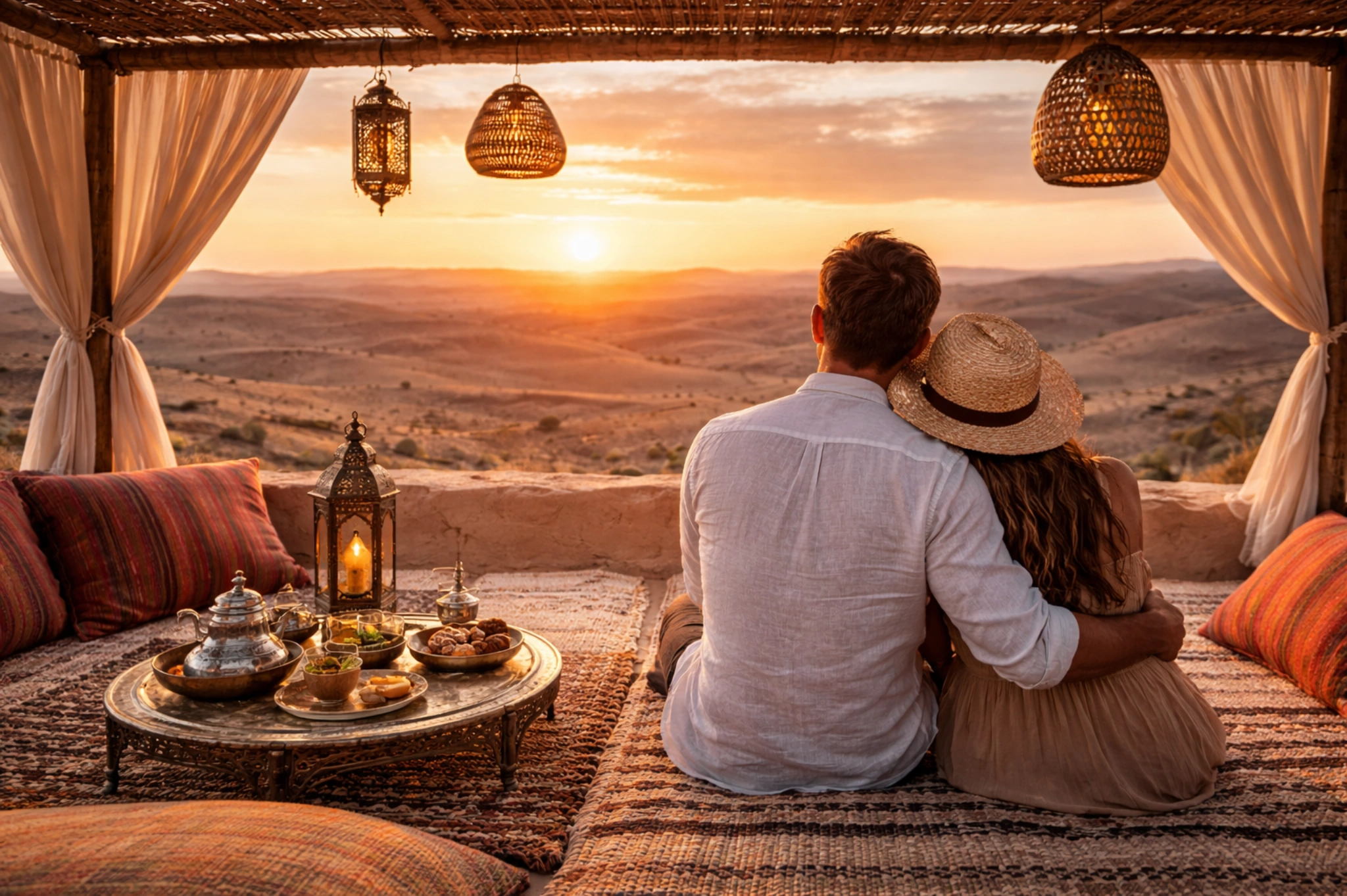 Couple watching sunset from desert terrace
