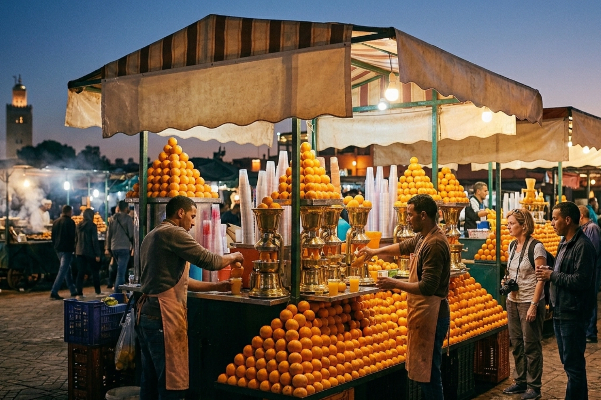 Fresh-squeezed orange juice stalls at Jemaa el-Fna