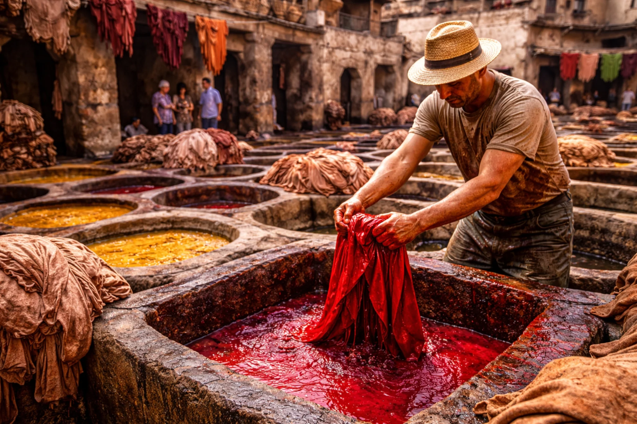 Artisan dyeing leather at Marrakech tannery during private medina tour