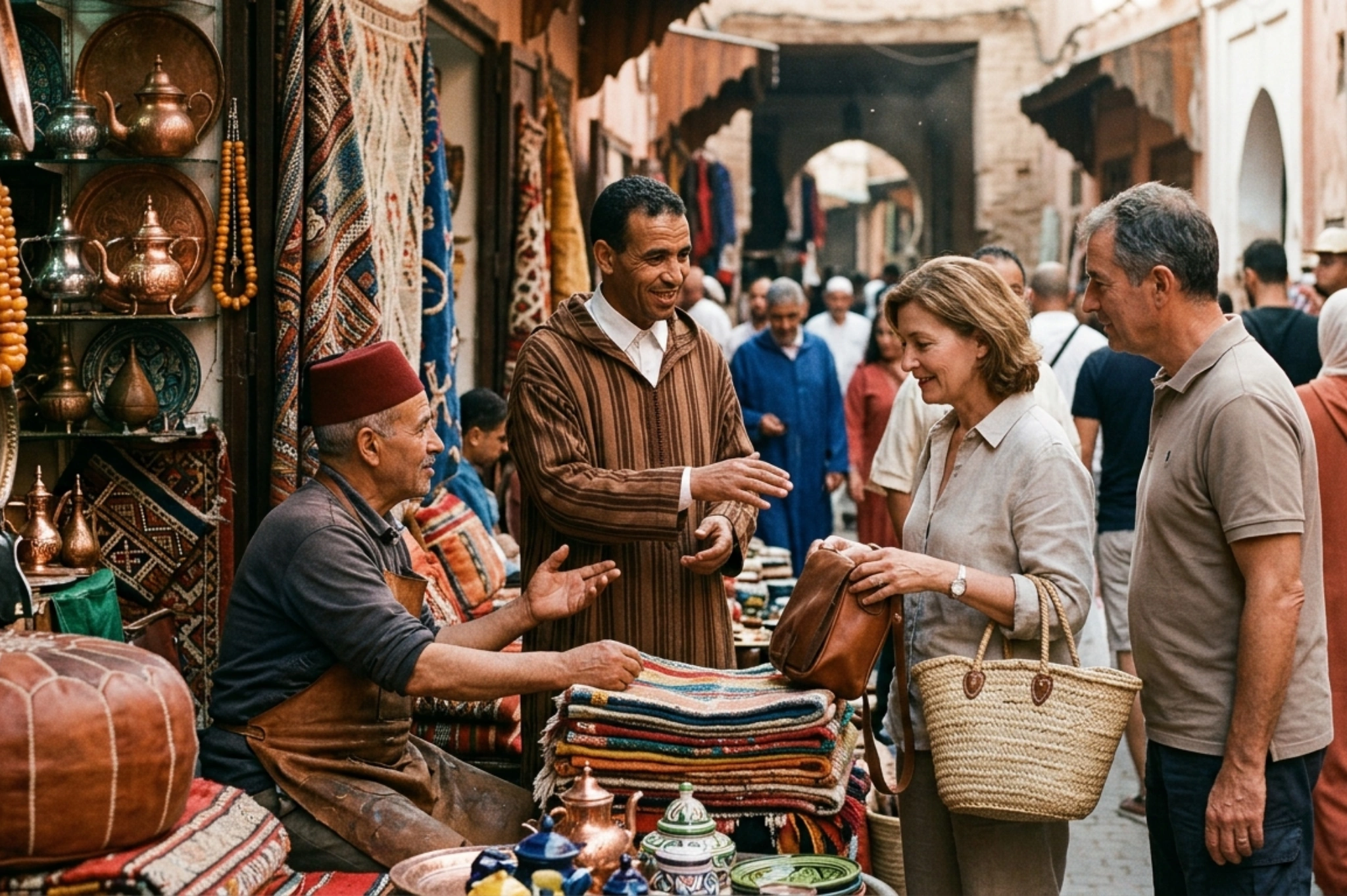 Guide helping guest negotiate at souk vendor stall