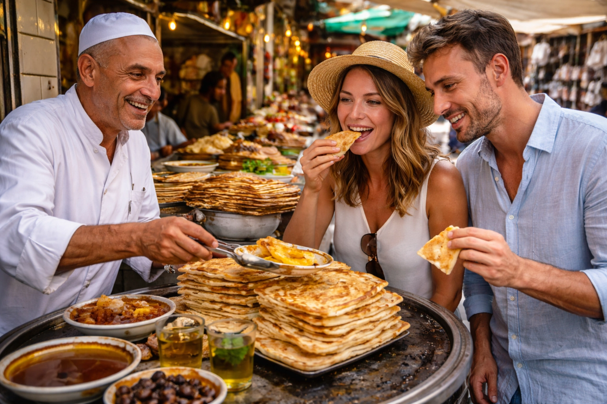 Guest tasting msemen flatbread at local stall