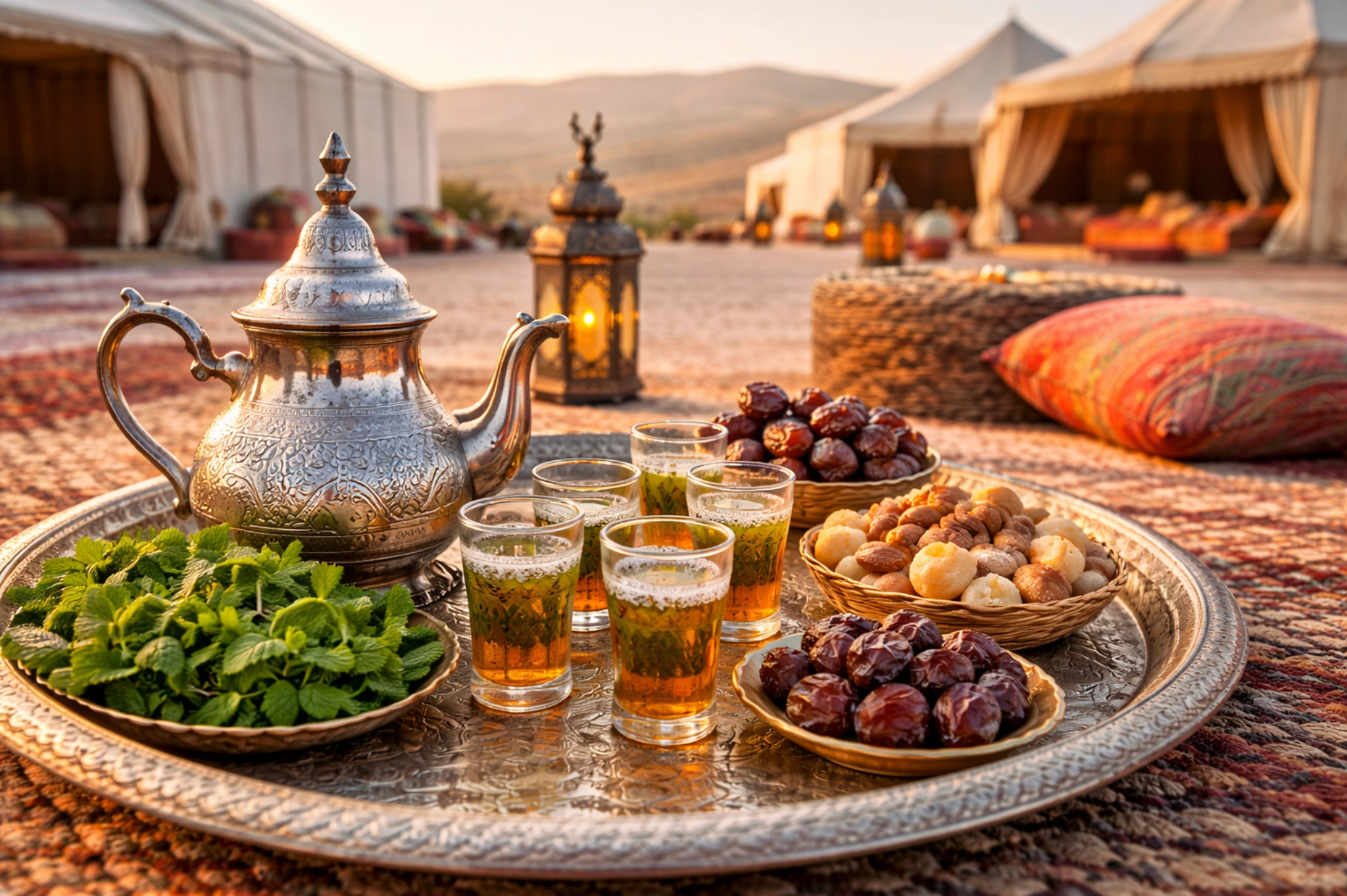 Traditional Moroccan mint tea welcome at Agafay camp