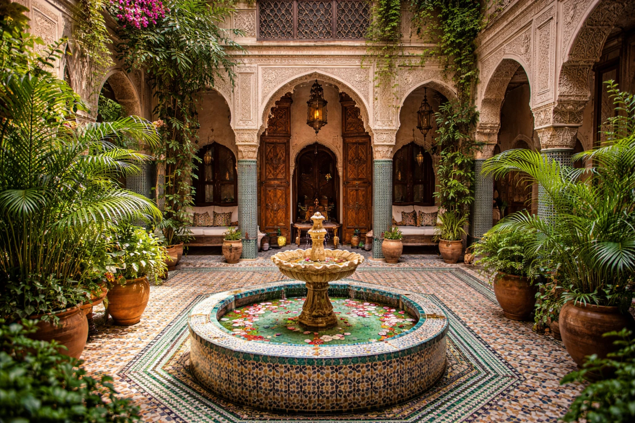 Hidden riad courtyard with zellige tiles discovered during medina walk