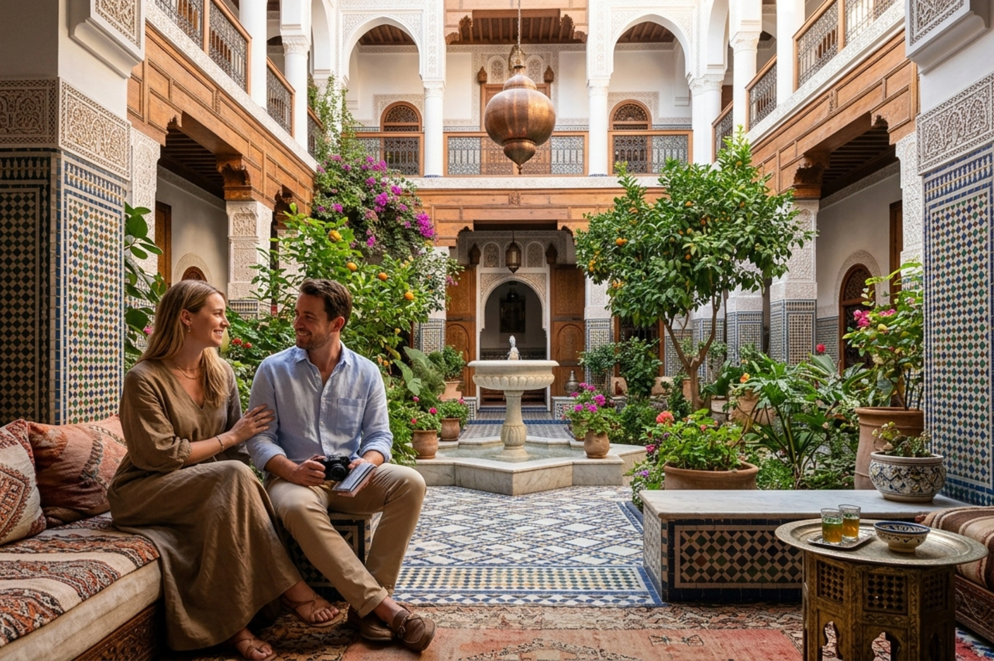 Couple in restored riad courtyard on custom Morocco tour