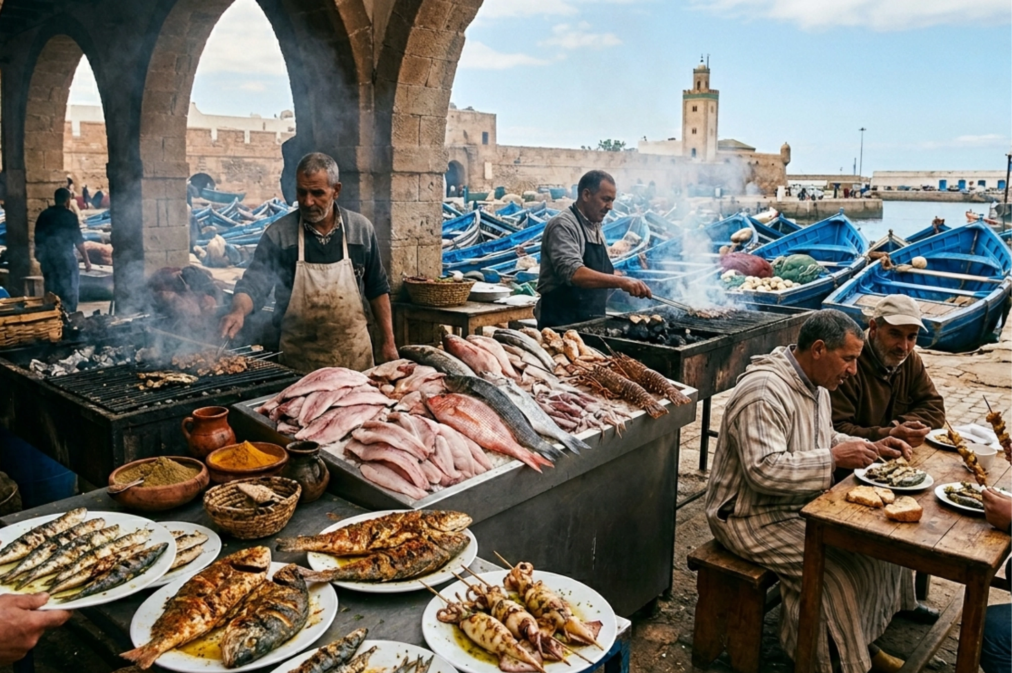 Fresh seafood grill at Essaouira fishing port