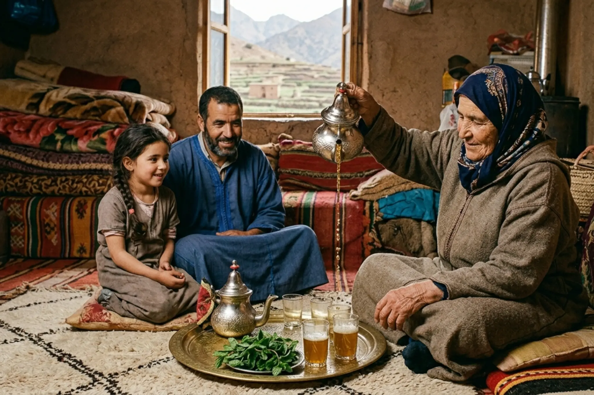 Traditional Berber mint tea served at family home in Atlas
