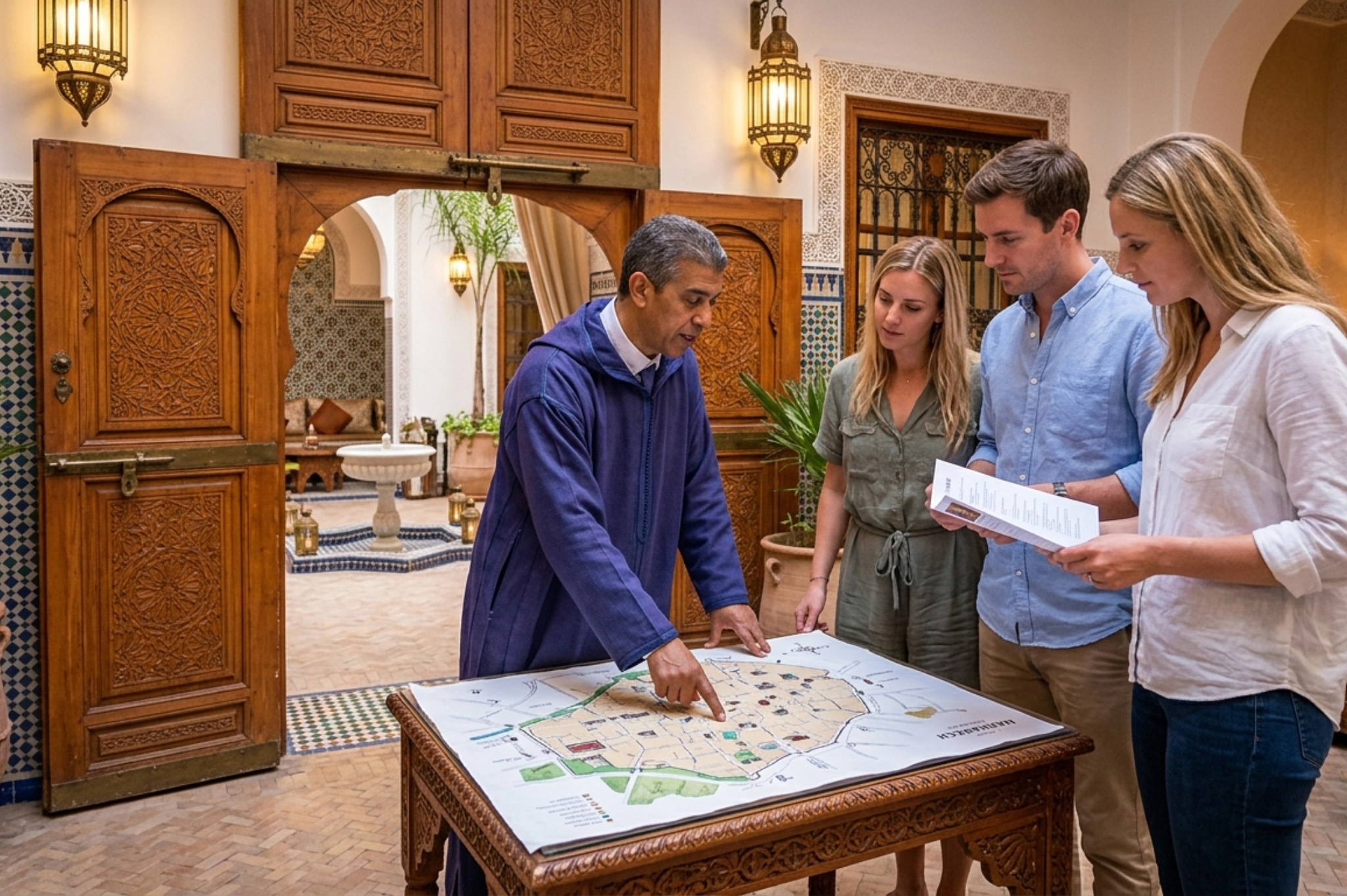 Guide assisting travelers at riad entrance for orientation