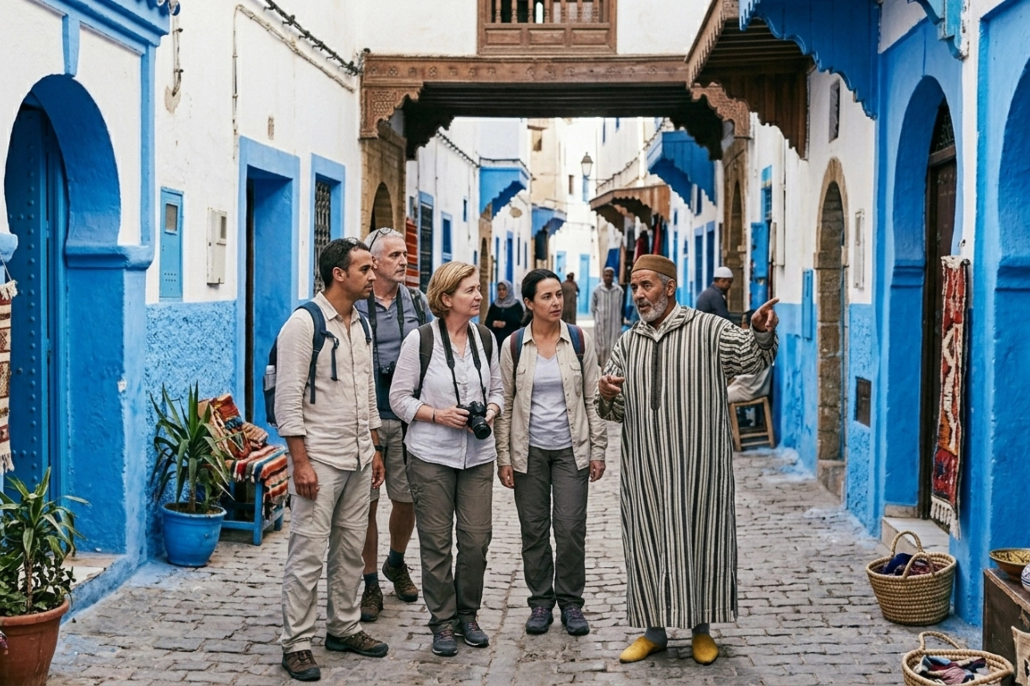 White-and-blue streets of Essaouira medina during guided tour