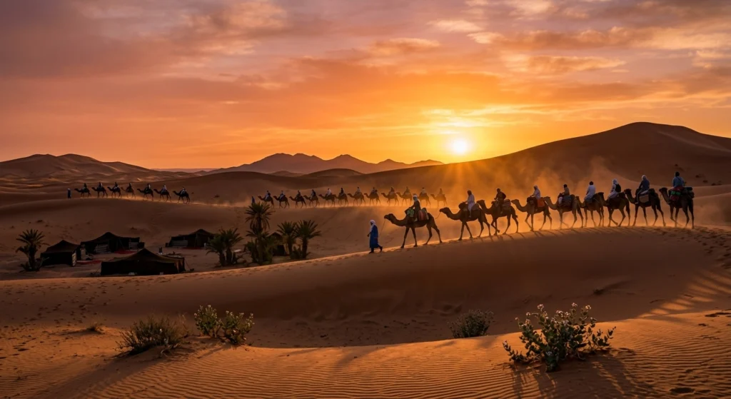 Camel caravan in the Erg Chebbi dunes on a 10 days in Morocco itinerary