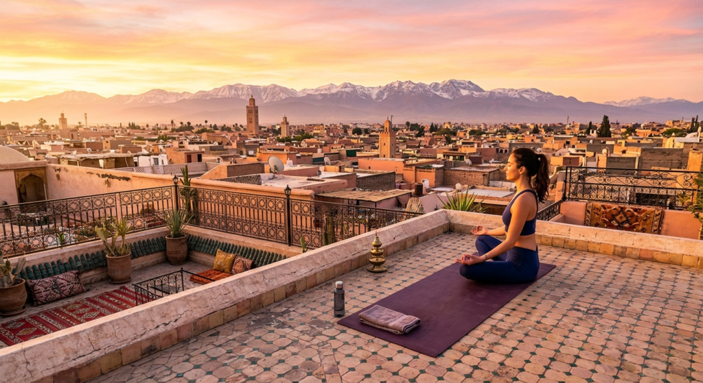 Morning yoga on a riad rooftop during a wellness retreat in Morocco